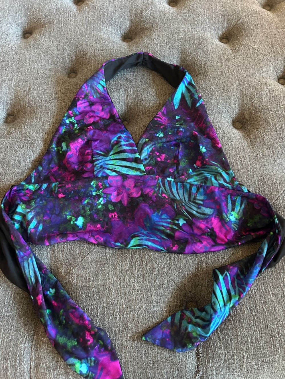 Vibrant Tropical Halter Top - Purple, Teal, Black